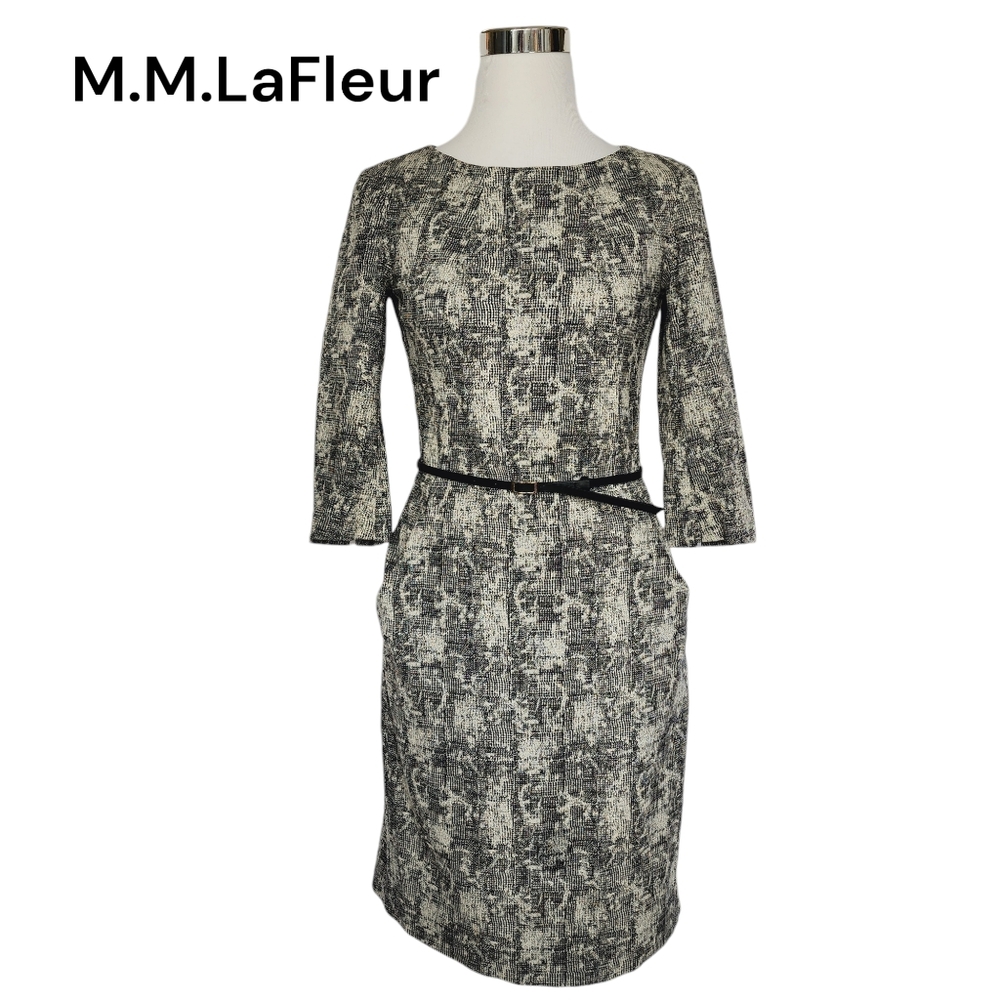 M.M.LAFLEUR Sz 4 Pullover Etsuko Crackled Belted 3/4 Sleeve Shift Career Dress.